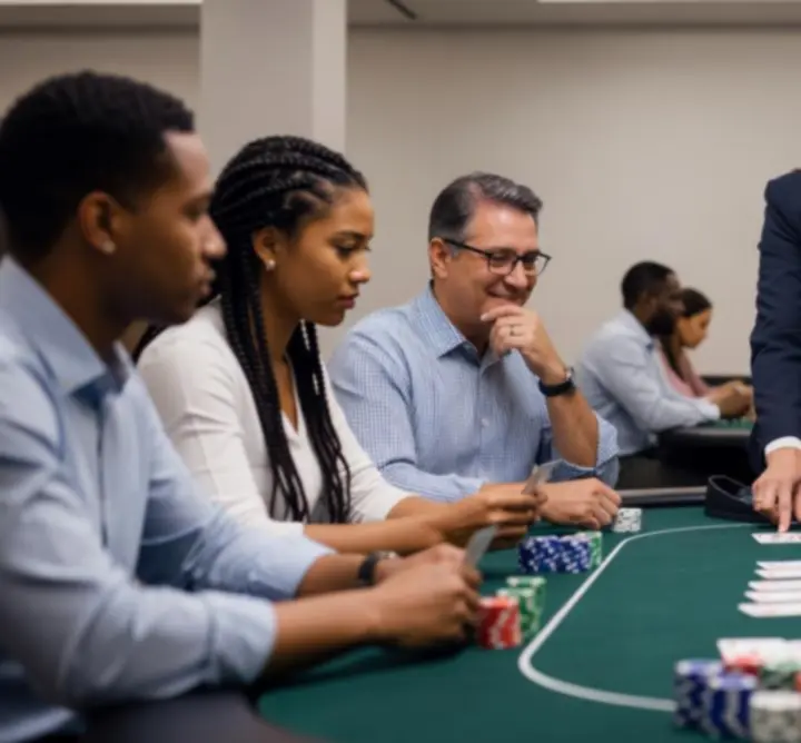 Animation poker avec un animateur guidant les joueurs autour d'une table