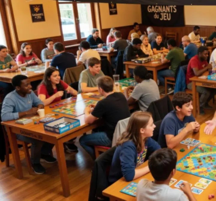 Participants souriants autour de tables de jeux lors d'un événement JOY