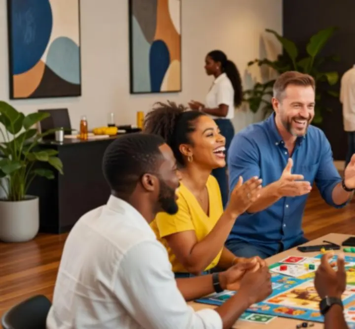 Participants rassemblés autour de tables de jeux dans un espace intérieur moderne
