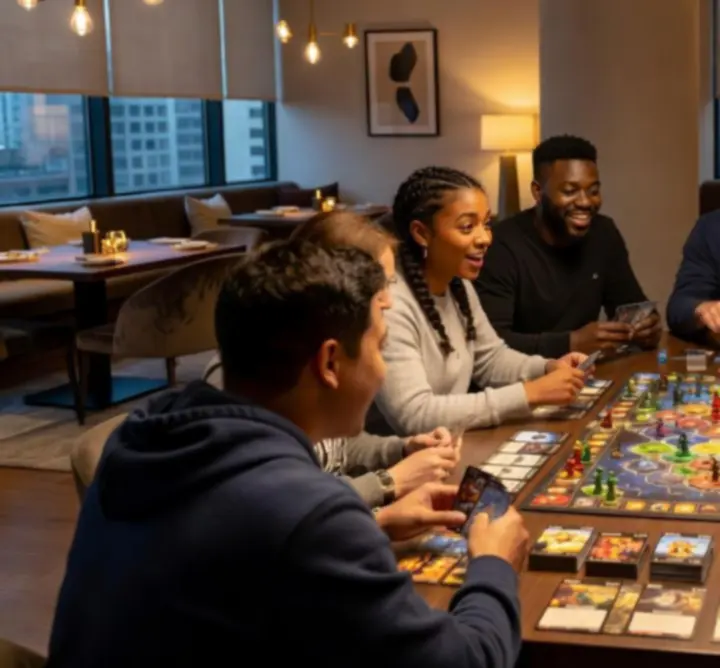 Groupe de personnes jouant à un jeu de société stratégique dans un espace intérieur moderne