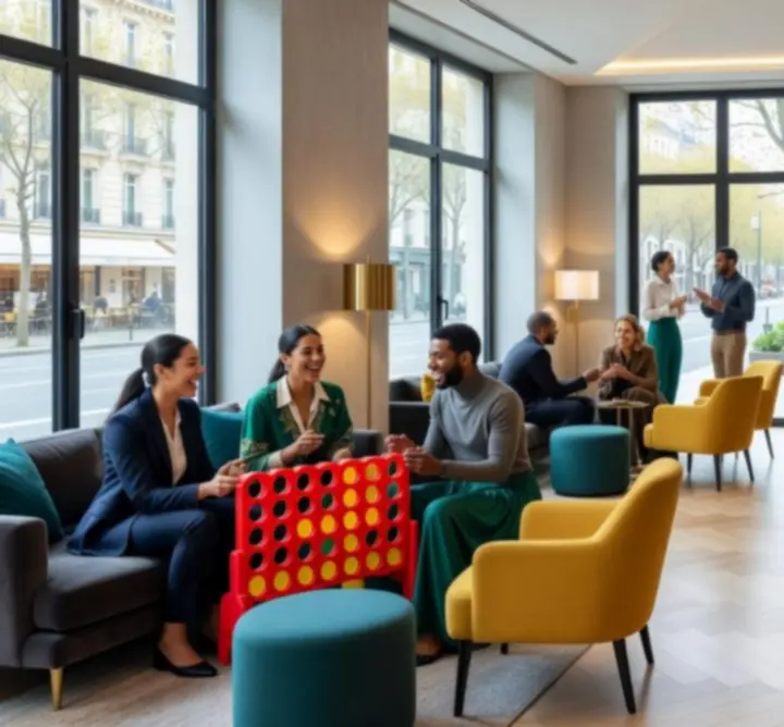 Salle d’événement moderne avec ambiance lumineuse et tables de jeux