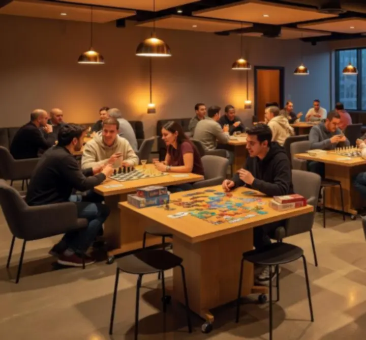 Espace événementiel indoor moderne avec tables de jeux et éclairages contemporains