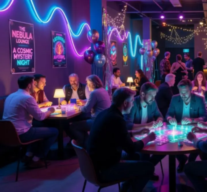 Ambiance de soirée thématique avec décor ludique et participants concentrés sur des jeux